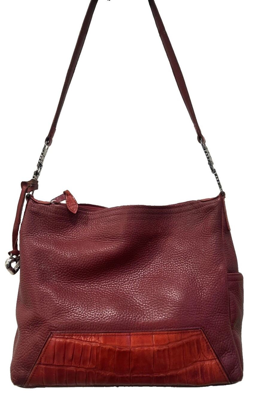 Vtg Brighton Purse Red‎ Pebbled Leather Croc Embossed Shoulder Bag Silver Strap